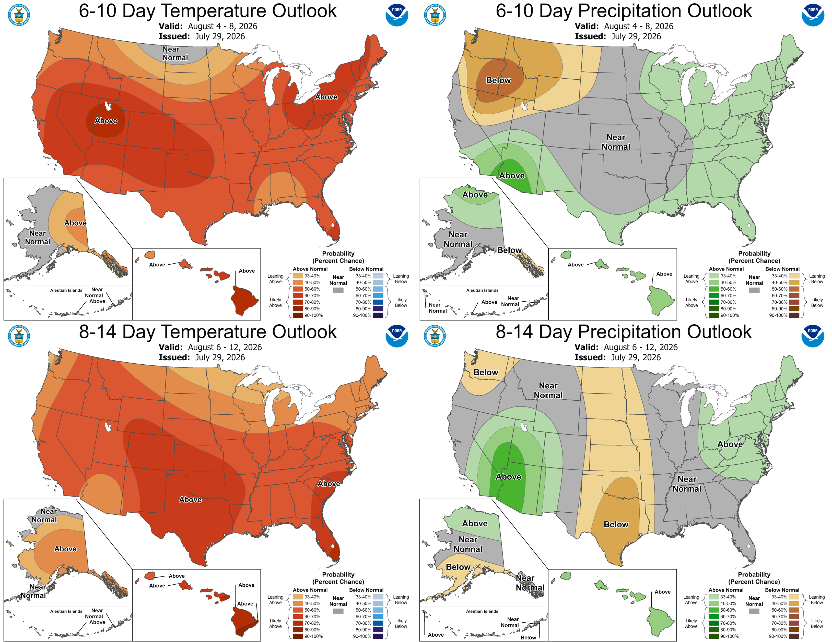 The 6-10 day (Aug. 4-8, top) and 8-14 day (Aug. 6-12, bottom) outlooks for temperature (left) and precipitation (right).